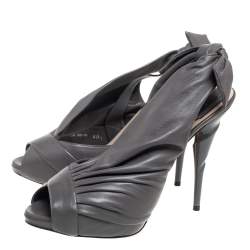 Dior Grey Pleated Leather Peep-Toe D'orsay Bow Slingback Sandals Size 40.5 