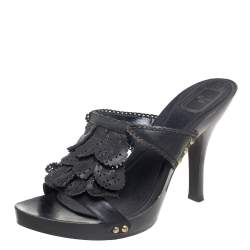 Dior Black Leather Laser Cut Detail Clog Sandals Size 41