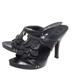Dior Black Leather Laser Cut Detail Clog Sandals Size 41