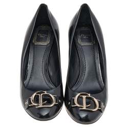 Dior Black Patent Leather CD Logo Round Toe Pumps Size 37