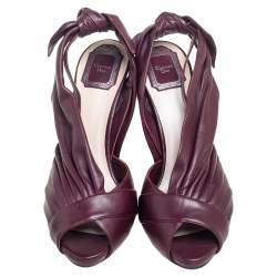 Dior Plum Pleated Leather Peep-Toe D'orsay Bow Slingback Sandals Size 40.5 
