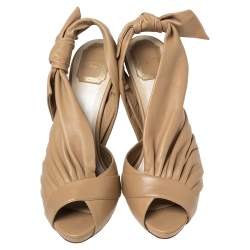 Dior Beige Leather Pleated Knotted Peep Toe Slingback Sandals Size 41