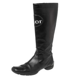 Pre Owned حذاء بوت منتصف ساق ديور شعار جلد أسود مقاس 37