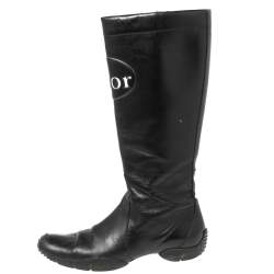 Pre Owned حذاء بوت منتصف ساق ديور شعار جلد أسود مقاس 37