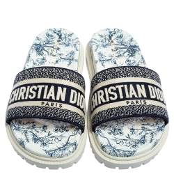 Dior Navy Blue/White Canvas Dway Flat Slides Size 37