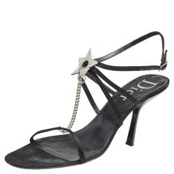 Dior Black Satin Star Crystal Embellished Ankle Strap Sandals Size 41