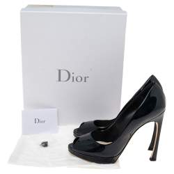 Pre Owned Dior Navy Blue Patent Leather Platform Peep Toe Pumps Size 37.5