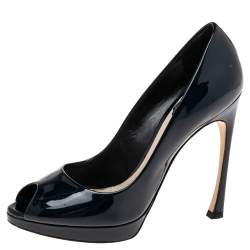 Pre Owned Dior Navy Blue Patent Leather Platform Peep Toe Pumps Size 37.5