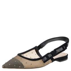 Pre Owned Dior Black Mesh And Suede Studded J'adior Slingback Pointed Toe Flat Sandals Size 38