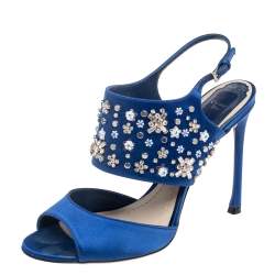 Pre Owned صندل ديور ساتان أزرق مزخرف فتحة كعب مقاس 38