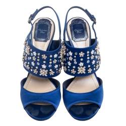 Pre Owned صندل ديور ساتان أزرق مزخرف فتحة كعب مقاس 38