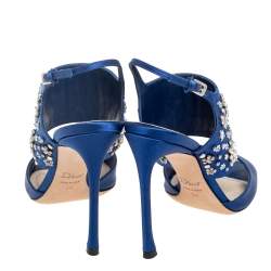 Pre Owned صندل ديور ساتان أزرق مزخرف فتحة كعب مقاس 38