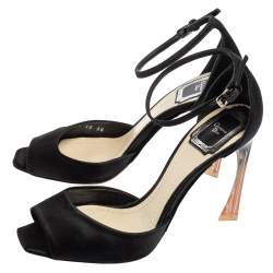 Pre Owned صندل ديور ساتان أسود مقدمة مفتوحة بحزام للكاحل مقاس 36