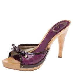 مملوكة مسبقًا Dior Purple Patent And Leather Wooden Clog Slide Sandals Size 38.5