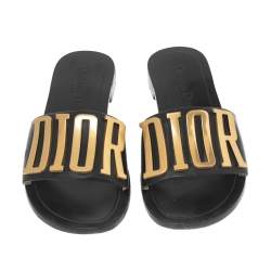 مملوكة مسبقًا Dior Black Leather Revolution Logo Flat Slides Size 36