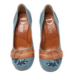 Dior Blue/Tan Denim And Leather CD Logo Pumps Size 38 