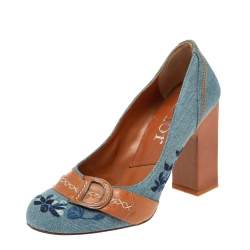 Dior Blue/Tan Denim And Leather CD Logo Pumps Size 38 