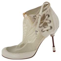 Pre Owned Dior White Net And Leather Lace Up  Ankle Boots Size 35