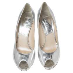 Dior Silver Leather Miss Dior Peep Toe Pumps Size 40.5