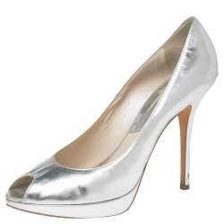 Dior Silver Leather Miss Dior Peep Toe Pumps Size 40.5