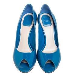 Pre Owned Dior Blue Patent Leather Miss Dior Peep Toe Platform Pumps Size 41