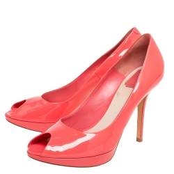 Dior Coral Pink Patent Leather Miss Dior Peep Toe Platform Pumps Size 41