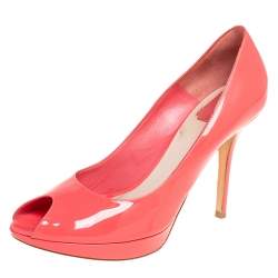 Dior Coral Pink Patent Leather Miss Dior Peep Toe Platform Pumps Size 41