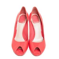 Dior Coral Pink Patent Leather Miss Dior Peep Toe Platform Pumps Size 41