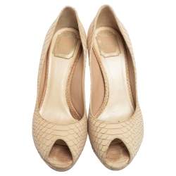 Dior Beige Python Embossed Suede Miss Dior Peep Toe Platform Pumps Size 41