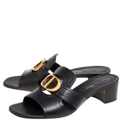 Pre Owned Dior Black Leather Montaigne Slide Sandals Size 38