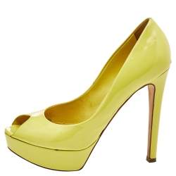 Dior Lime Yellow Patent Leather Miss Dior Peep Toe Platform Pumps Size 37.5