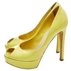 Dior Lime Yellow Patent Leather Miss Dior Peep Toe Platform Pumps Size 37.5