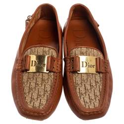 Pre Owned Dior Brown Leather and Monogram Canvas Loafers Size 37