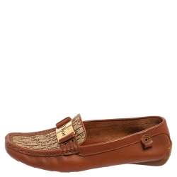 Pre Owned Dior Brown Leather and Monogram Canvas Loafers Size 37
