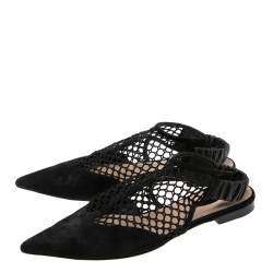 Pre Owned Dior Black Suede And Mesh Pointed Toe Slingback Flat Sandals Size 40.5