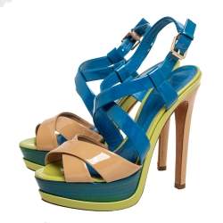 Dior Multicolor Patent Leather Cross Strap Slingback Platform Sandals Size 38