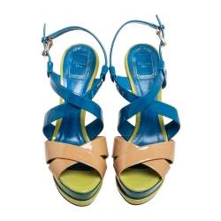 Dior Multicolor Patent Leather Cross Strap Slingback Platform Sandals Size 38