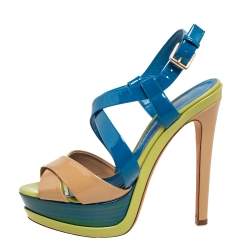 Dior Multicolor Patent Leather Cross Strap Slingback Platform Sandals Size 38