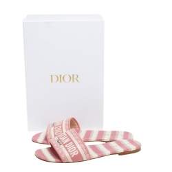 Pre Owned Dior Pink/Cream Embroidered Canvas Dway Flat Slides Size 40