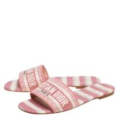 Pre Owned Dior Pink/Cream Embroidered Canvas Dway Flat Slides Size 40