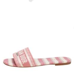 Pre Owned Dior Pink/Cream Embroidered Canvas Dway Flat Slides Size 40