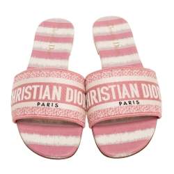 Pre Owned Dior Pink/Cream Embroidered Canvas Dway Flat Slides Size 40