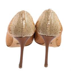 Pre Owned Dior Gold/Brown Sequin Pointed Toe Pumps Size 37.5     