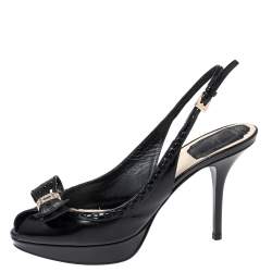 مملوكة مسبقًا Dior Black Patent Leather Bow Slingback Sandals Size 37