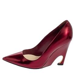 Pre Owned Dior Burgundy Patent Leather Optique Wedge Pumps Size 38.5
