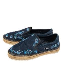 مملوكة مسبقًا حذاء إسبادريل ديور فلات براري دنيم مطرز زهور دنيم أزرق مقاس 39.5