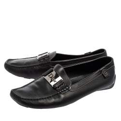 Pre Owned Dior Black Leather Logo Buckle Loafers Size 39.5