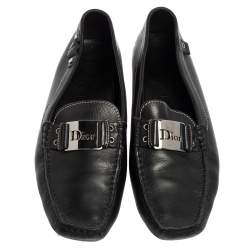 Pre Owned Dior Black Leather Logo Buckle Loafers Size 39.5