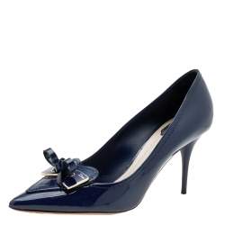 Pre Owned Dior Navy Blue Patent Leather Bow Pointed Toe Pumps Size 41