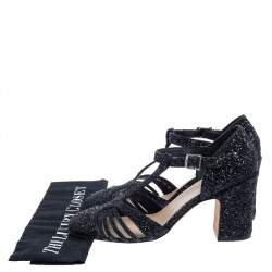 Pre Owned Dior Black Coarse Glitter T-Bar Ankle-Strap Sandals Size 40